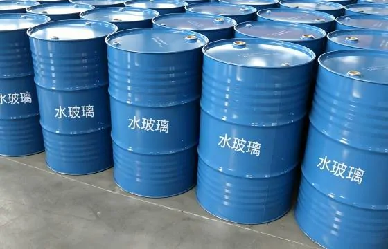蓝色金属桶封装液体水玻璃，桶身标识清晰，仓库整齐码放，本品为硅酸钠水溶液，粘性好，多用于建筑、铸造、污水处理等领域。