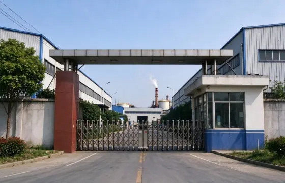 化工厂区门口，伸缩门关闭，门两侧是蓝白厂房与门卫室，远处可见烟囱和生产装置，乙二醇主要应用于聚酯纤维与聚酯树脂、防冻液、制冷剂、溶剂、增塑剂、表面活性剂及炸药等行业。。